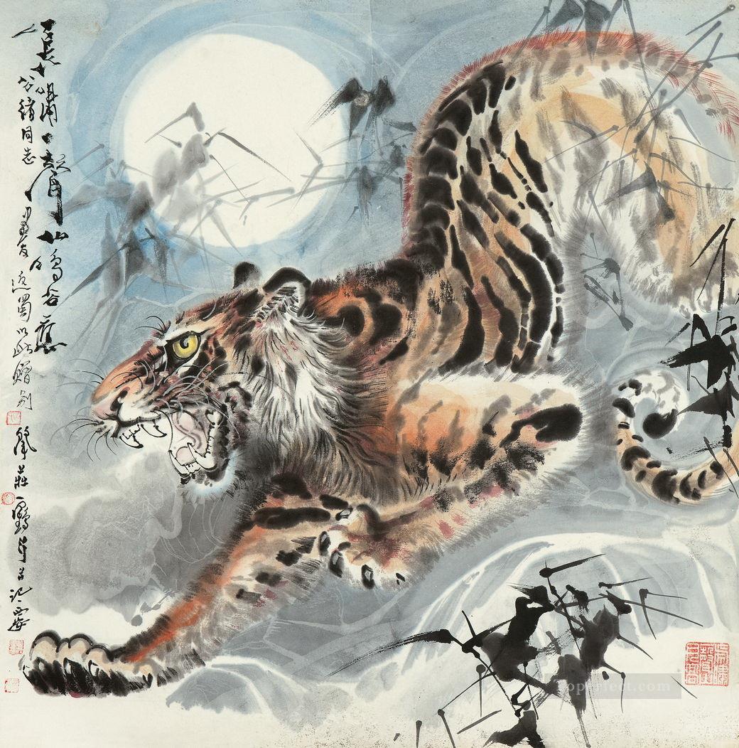 Tigre chino bajo la luna Pintura al óleo